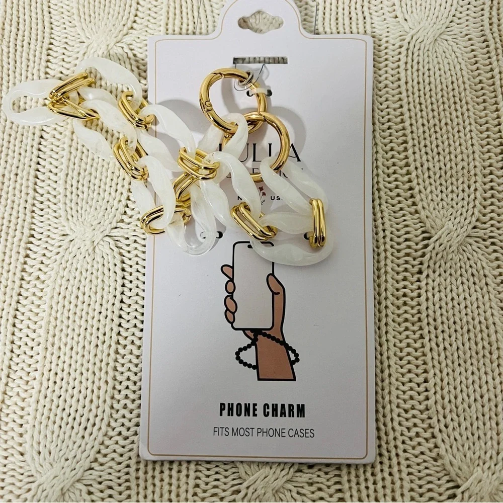LULLA COLLECTION NEW ACRYLIC PHONE LINK CHAIN WHITE & GOLD STYLISH